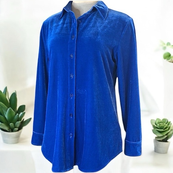 Soft Surroundings Blue Velour Boyfriend Button Down Tunic Shirt - Picture 9 of 16
